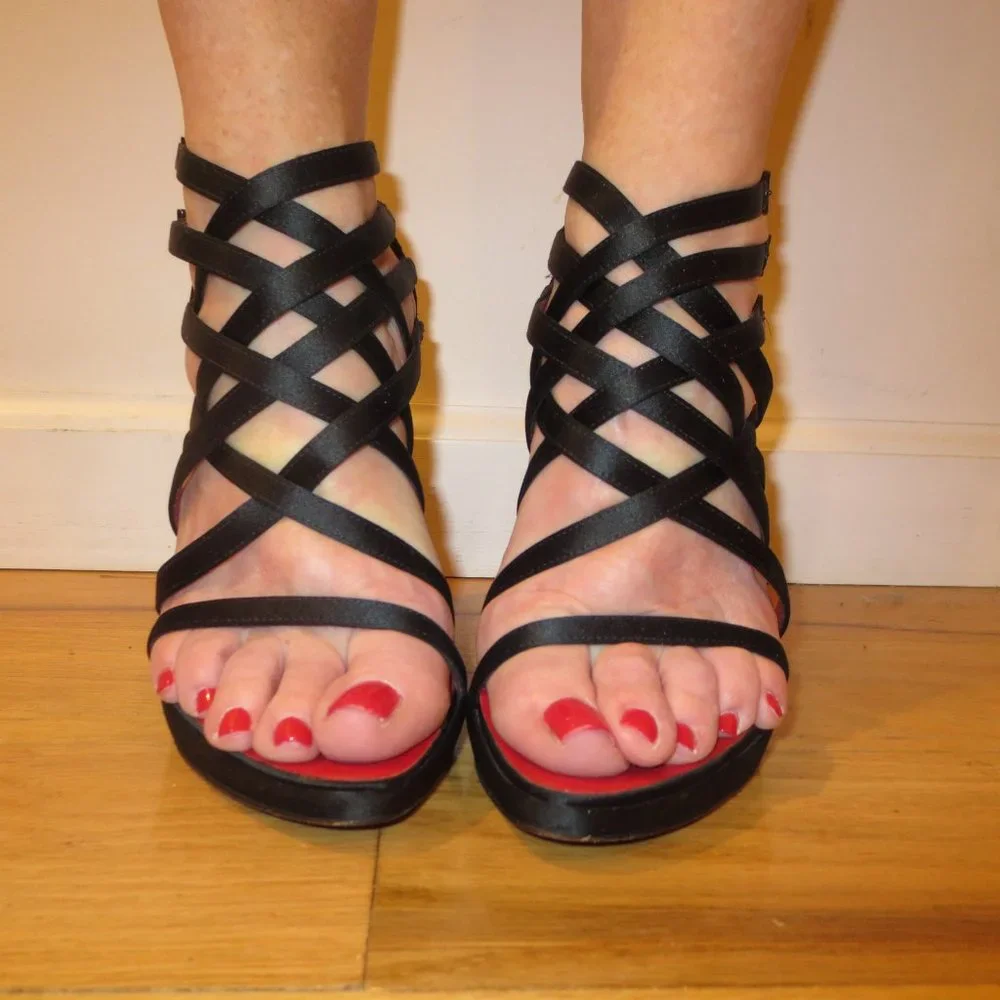 LAST CHANCE CESARE PACIOTTI Black Satin Multi Strapped Mini Platforms - Picture 2 of 9